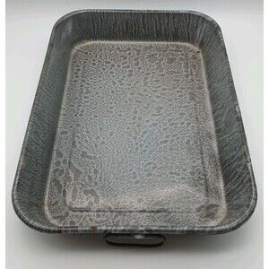 Vntg Graniteware Enamelware Roasting Pan Serving Tray Gray